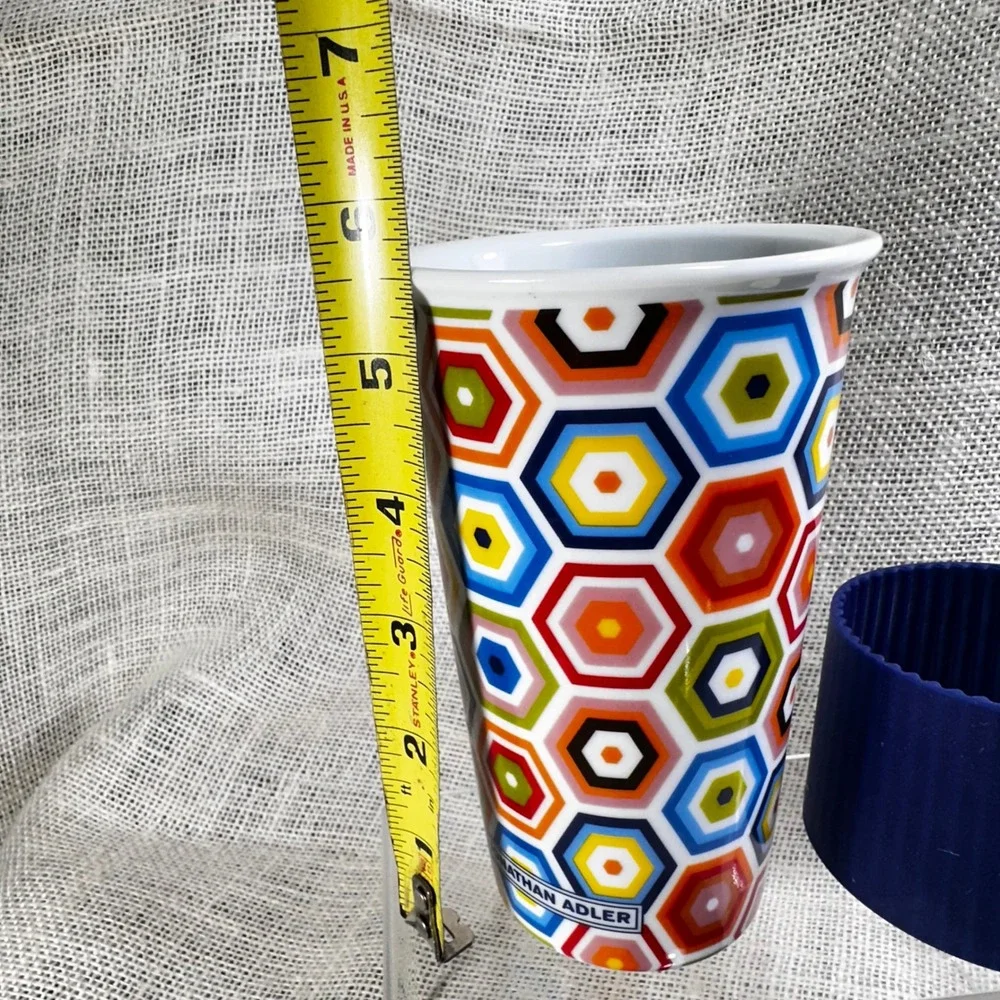 Jonathan Adler Travel Mug Geometric Hexagon Ceramic Silicone Lid Sleeve Blue Cup